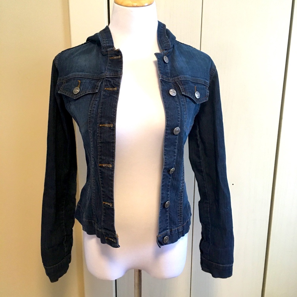 YMI Hooded Denim Jacket Women Size Small Blue Button Front